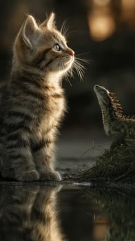 Stray cat and lizard encounter at sunset near a tranquil waterbody photo