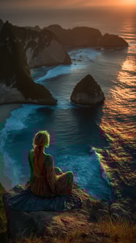 Woman admiring sunset view over ocean from a cliff in Indonesia photo