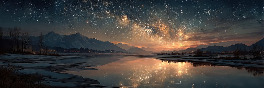 Night sky over tranquil lake with reflections of stars and mountains during winter photo