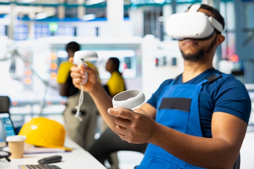 Solar panel factory specialist monitoring production line and performance using virtual reality high tech gear. Photovoltaics plant specialist employs VR headset for manufacturing. photo