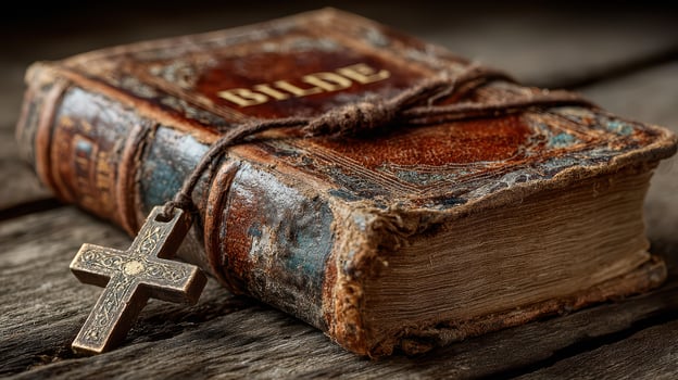 Old leather-bound book with a cross resting on a wooden table in warm light photo