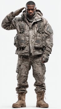 Soldier in camouflage uniform saluting with military gear at neutral background photo