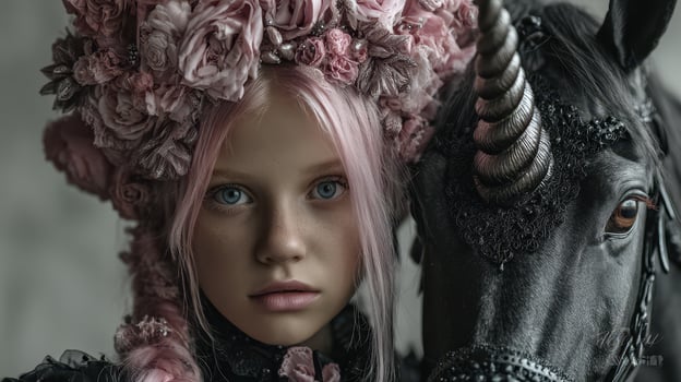 Young girl with pink hair and flower crown poses beside a black unicorn in a mystical setting during golden hour photo