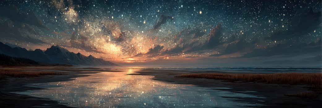 Night sky reflects on serene ocean as stars glitter above coastline at sunset photo