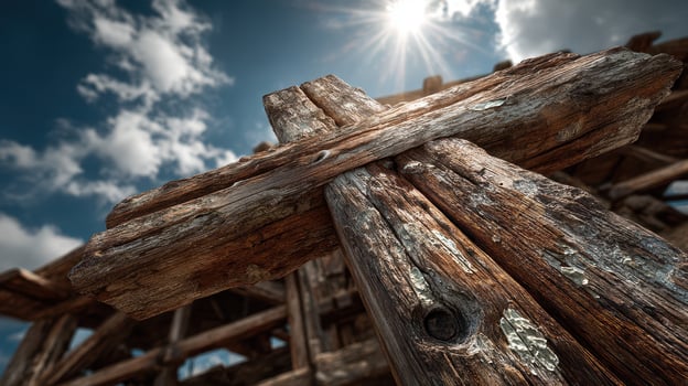 Rustic wooden cross standing against the sky captures a moment of tranquility and reflection in nature photo