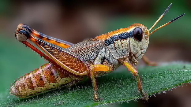 Close-up of an orange and black grasshopper resting on a green leaf in a natural habitat during daylight hours photo