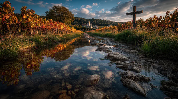 Vineyard reflections at dusk near a historic church amidst colorful autumn foliage photo