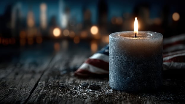 Candlelight flickers against a backdrop of a city skyline at night with a flag draped nearby photo