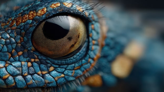 Close-up view of a vibrant blue lizard eye revealing intricate details and textures in natural light photo