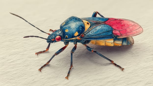 Vibrantly colored insect species displaying intricate details on a light background in natural habitat photo