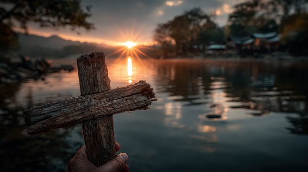Cross silhouette at sunrise over tranquil waters in a serene natural setting near a peaceful village photo