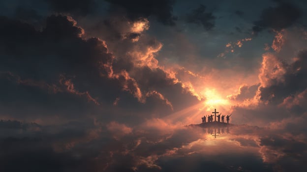 Spiritual gathering at sunset with silhouettes against a dramatic cloudscape photo
