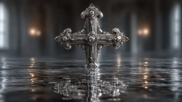 Ornate silver cross standing in reflective water with a moody background of soft light and shadow photo
