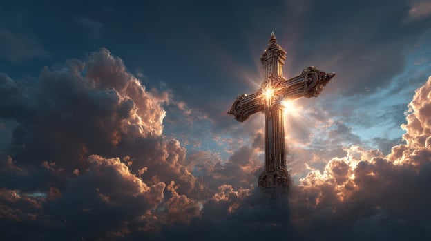 Majestic cross emitting light through dramatic clouds during sunset photo
