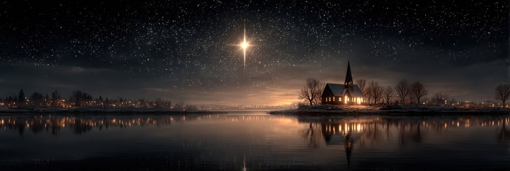 Silent winter night with a glowing church by the lake under a starry sky photo
