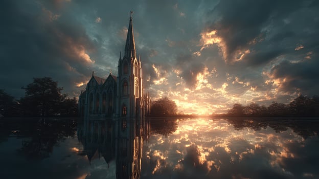 Sunset over a gothic church reflecting in still water during twilight hours in a serene landscape photo