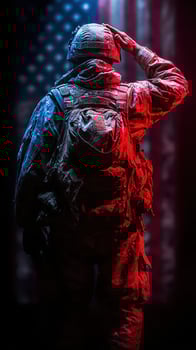 Soldier saluting against an American flag backdrop in a poignant moment of remembrance and honor photo