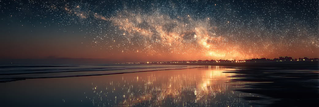 Starlit night over tranquil beach reflecting the galaxy in the calm waters at dusk photo