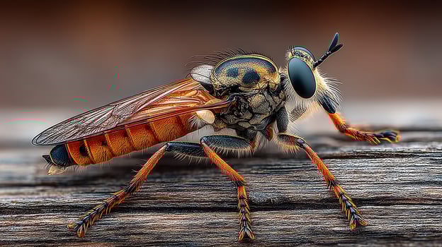 Close-up view of a striking insect resting on wood during daylight in a natural setting photo
