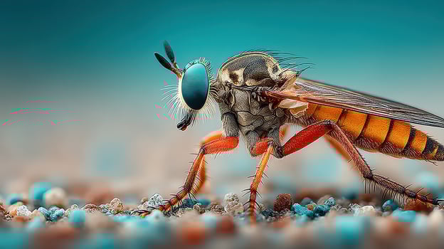 Close-up examination of an insect on a colorful surface in a natural setting photo
