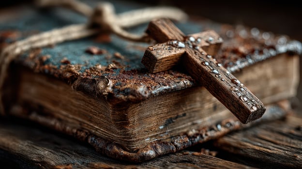 Old leather-bound book with a wooden cross resting on the cover in a rustic setting photo