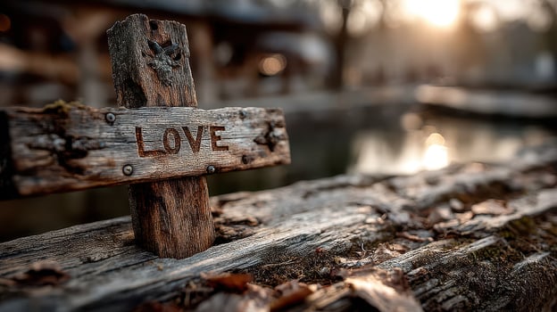 Wooden cross with the word love carved on it in a serene outdoor setting during sunset photo
