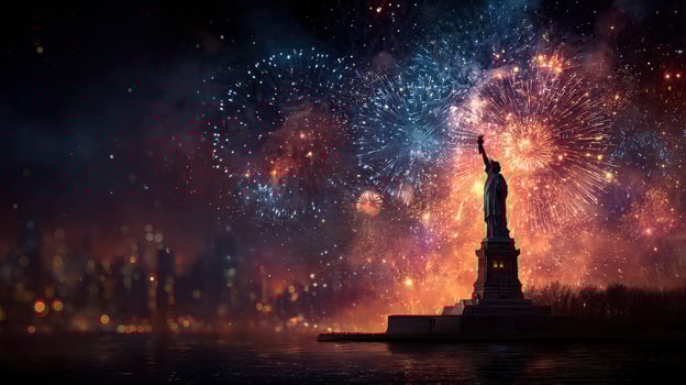 Celebratory fireworks illuminate the Statue of Liberty against a New York skyline at night photo