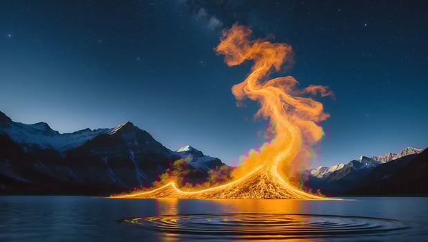 Fiery Glow Rising From Lake Water with Mountain Backdrop at Night photo