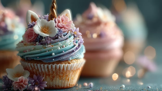 Colorful unicorn cupcakes decorated with flowers and sparkles at a pastel-themed celebration photo