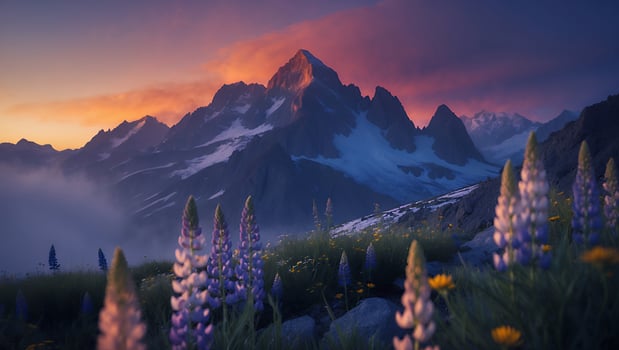 Scenic Mountain Range at Sunset with Wildflowers in the Foreground photo