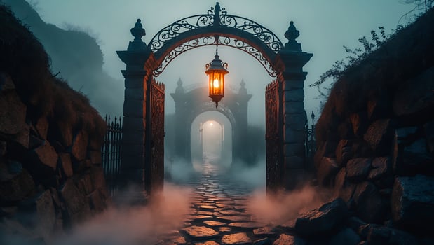 Mysterious Stone Archway with Hanging Lantern and Foggy Path photo