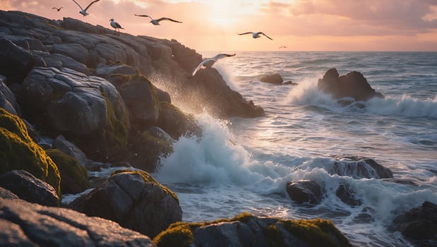 Seagulls Flying Over Rocky Coastline at Sunset with Crashing Ocean Waves photo