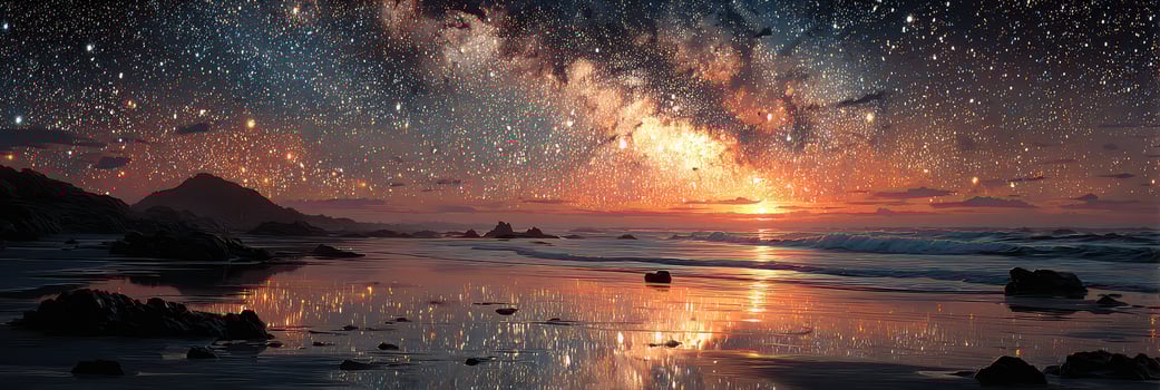 Night sky over a tranquil beach with stars reflecting in the water at sunset photo