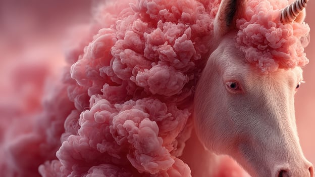 Magical pink unicorn surrounded by vibrant clouds in an enchanting dreamlike landscape during twilight photo