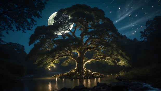 Majestic Tree by Water Illuminated Under a Full Moon at Night photo