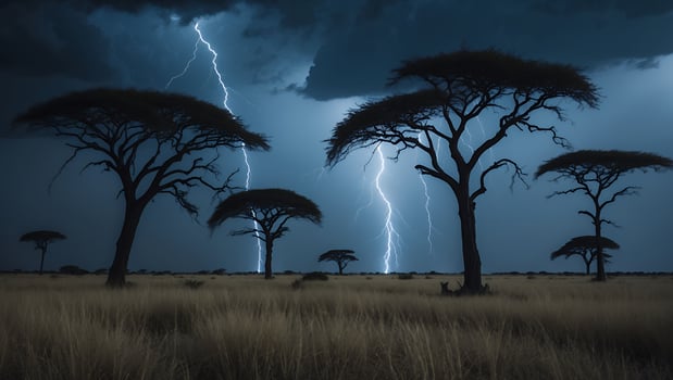 Lightning Strikes Above African Trees in Grassy Field Under Stormy Sky photo