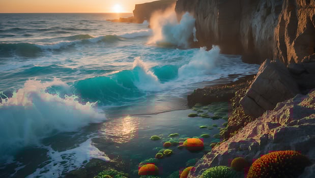 Ocean Waves Crashing on Rocky Cliffs at Sunset with Colorful Algae photo