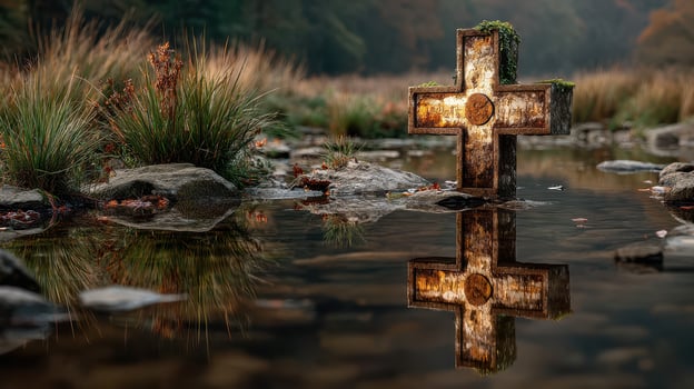 Moss-covered cross standing in still water surrounded by autumn foliage at twilight in a serene natural setting photo