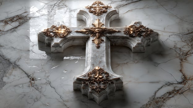 Intricate decorative cross carved from marble with golden accents reflecting light in a serene setting photo
