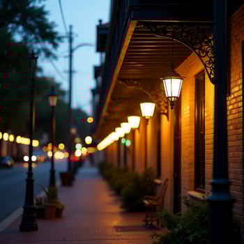 Street Lit by Lanterns on Brick Building at Dusk photo
