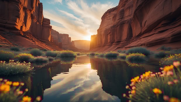 Canyon River Reflecting Sunset with Wildflowers and Striking Rock Formations photo