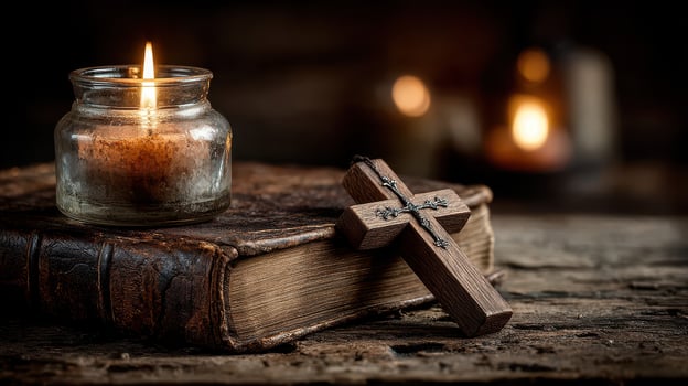 Candle and cross on a weathered book in a dimly lit setting creating a serene atmosphere photo