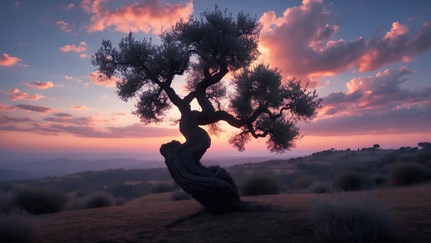 Majestic Twisted Tree Silhouetted Against a Dramatic Sunset Sky photo