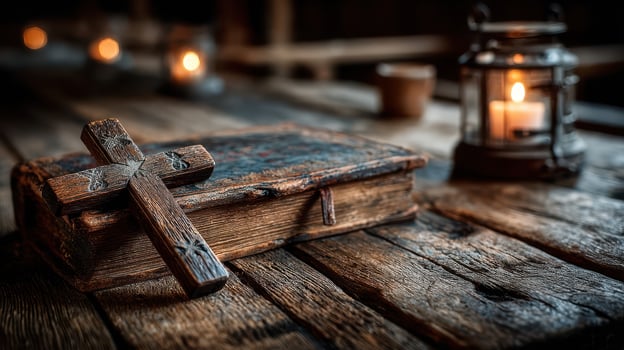 Old wooden book with a cross and lantern on a rustic table in a dimly lit space photo