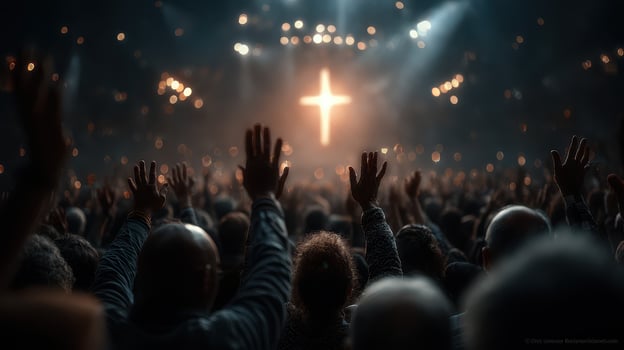 Worshippers raise hands in praise during a spiritual gathering at an indoor venue in the evening photo
