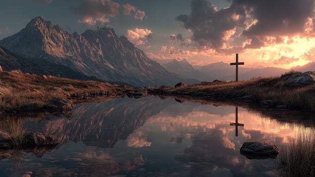 Mountain landscape with reflection in water during sunset showcasing a cross and dramatic sky photo