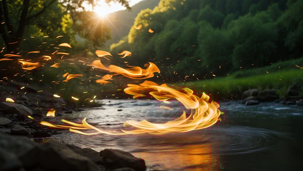 Dynamic Flame Flowing Above River Surface in Green Landscape Setting photo