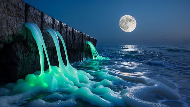 Water Flowing Into Ocean Under Moonlight with Colorful Reflections photo