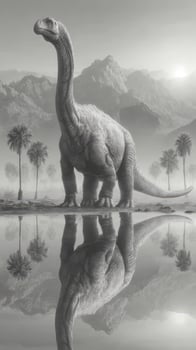 Mystical dinosaur stands tall beside calm water with distant mountains in black and white photo