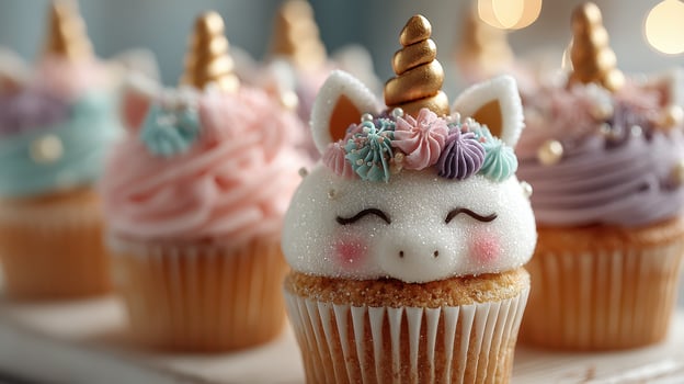 Colorful cupcakes with unicorn designs and decorative icing in a cozy bakery setting photo